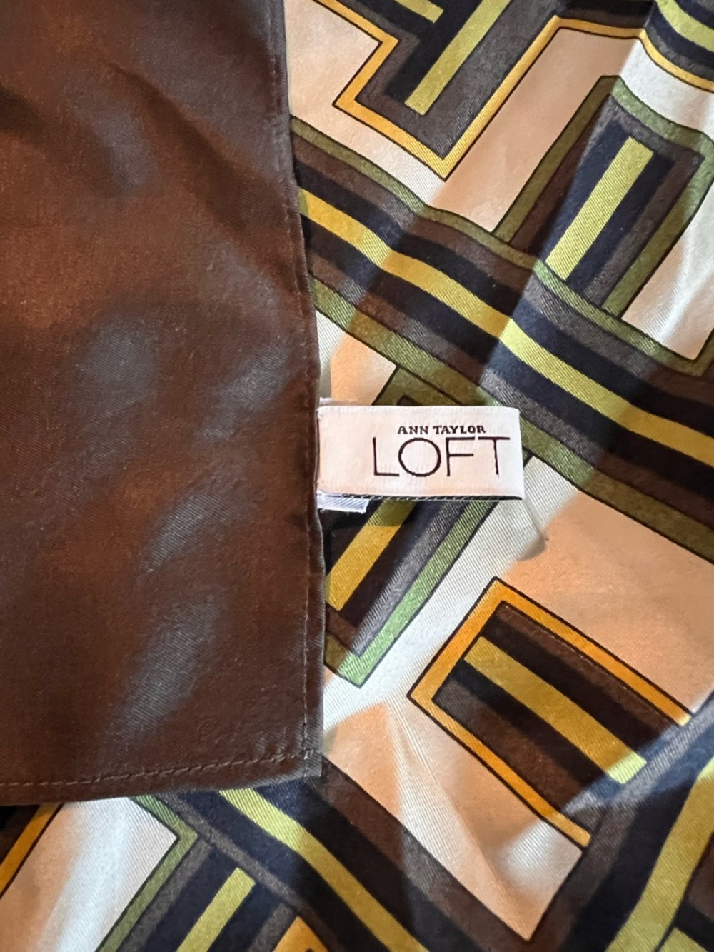 Ann Taylor LOFT Silk Scarf Green Brown Geometric Print Lightweight Square - Picture 3 of 8